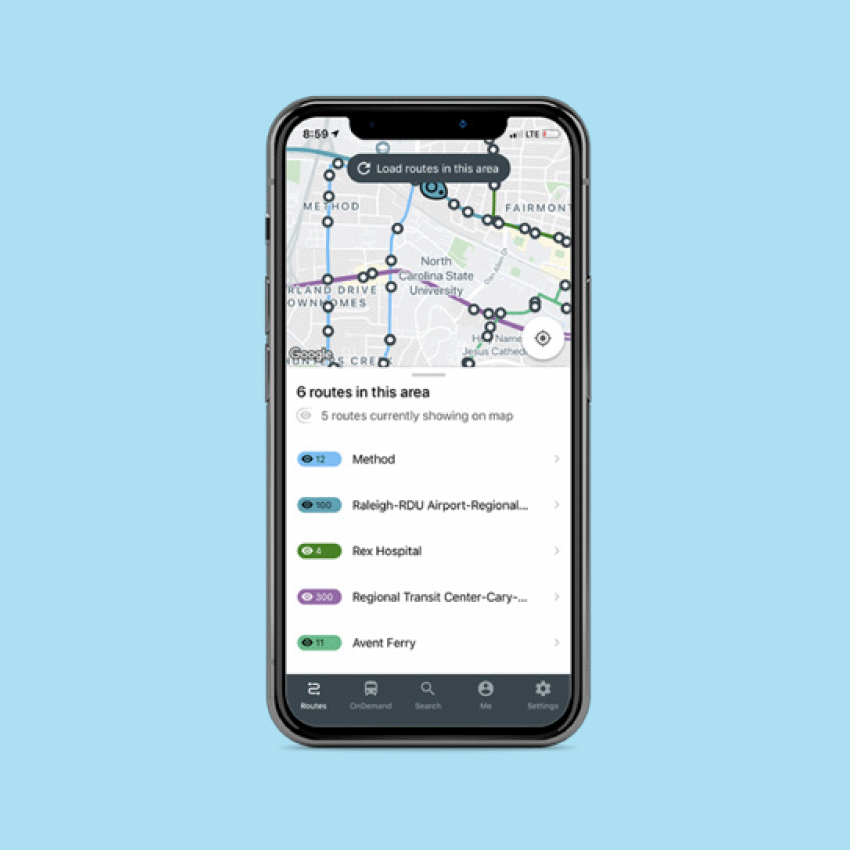 App screen showing map of available routes